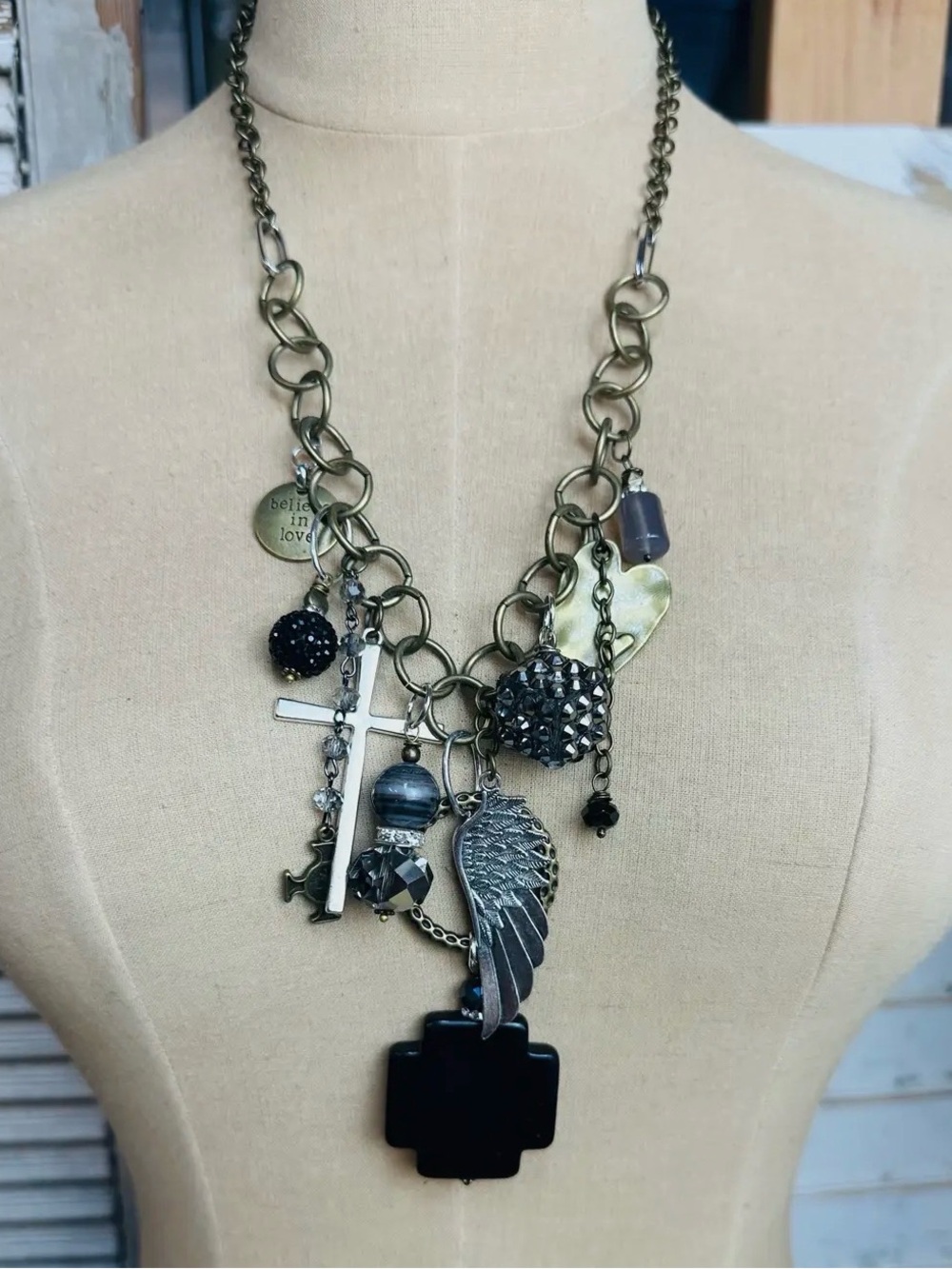 Black Cross Gypsy Junk Chunky Charm Necklace